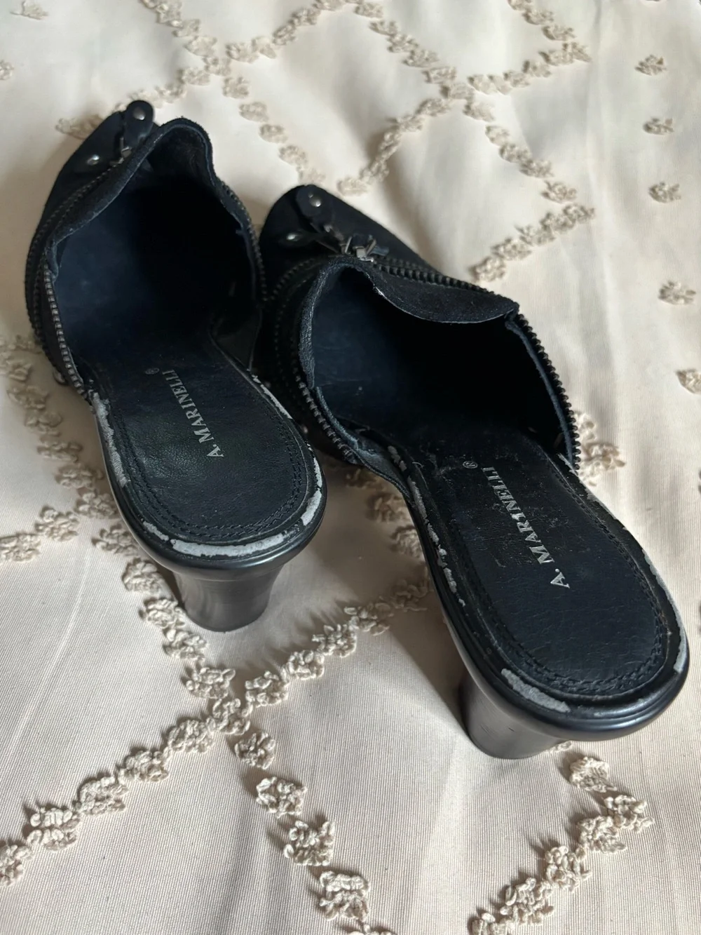 A. Marinelli Black Suede Zipper Clog Mules Edgy Studded Platform Heels Size 8M